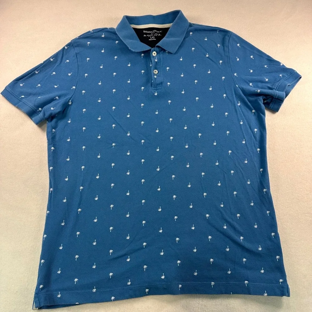 Banana Republic Men Palm Tree Polo Shirt Blue Summer Print L 457622-00 Jewel Sea
